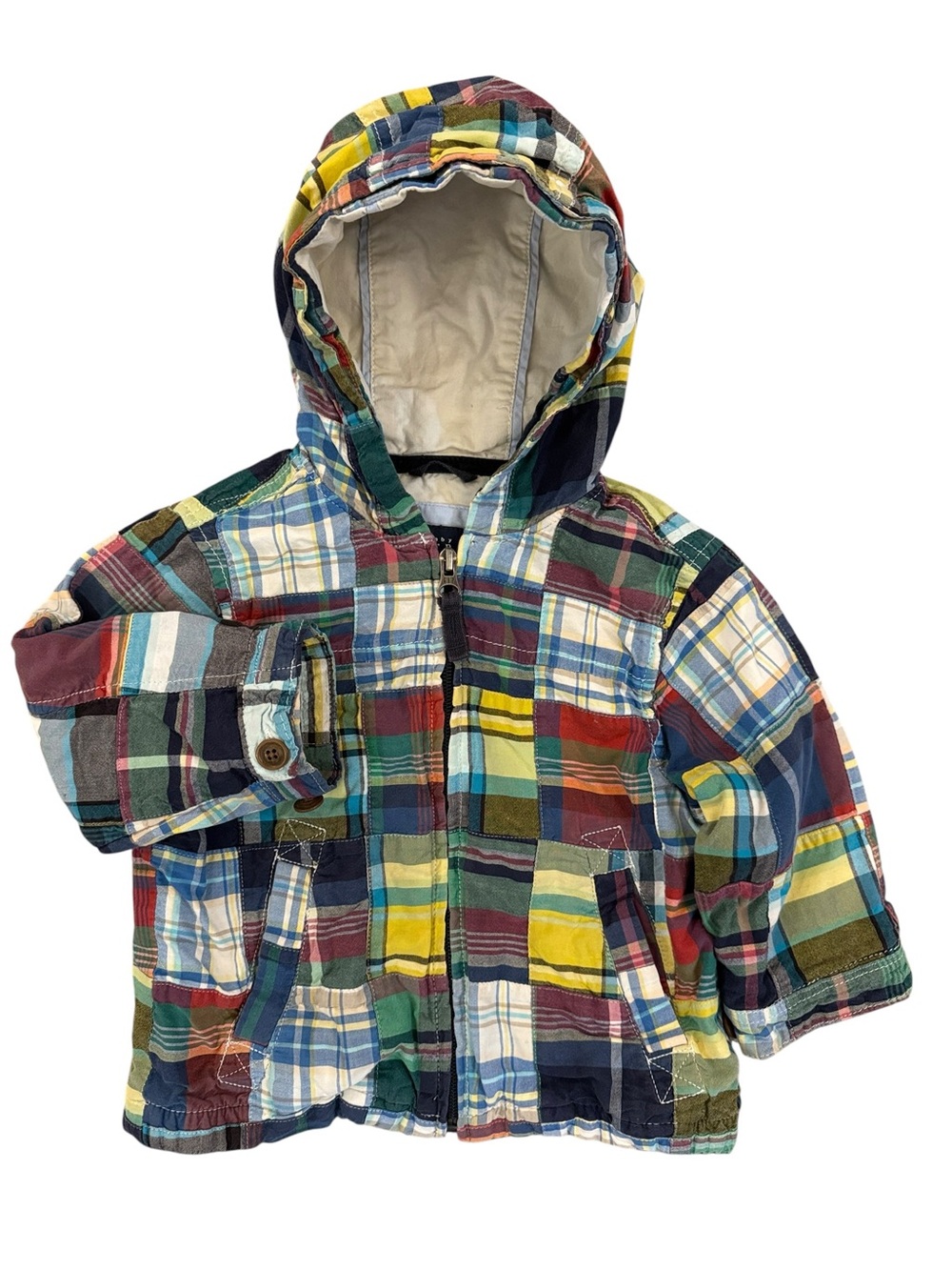 Vintage Gap Kids Madras Patchwork Jacket Hooded Zip Cotton 18-24M Preppy Lined